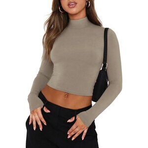 REORIA Women's Basic Cute Mock Turtleneck Long Sleeve Ribbed Tight Tshirts Crop